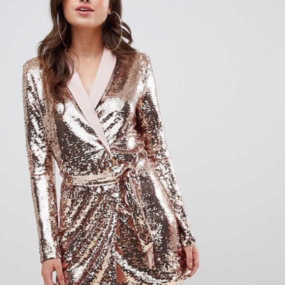 ASOS Dresses & Skirts - NWT ASOS Rose Gold Sequin Blazer Wrap Tie Dress